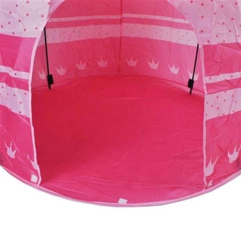 Cort de joaca tip castel, imprimeu buline si coronite, 105x135 cm, husa depozitare, roz
