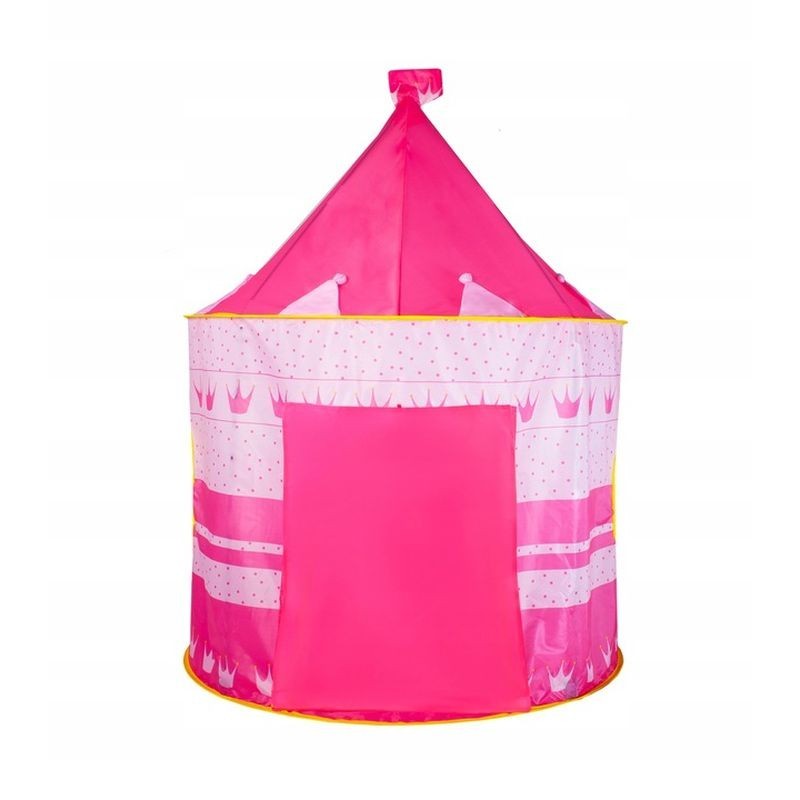 Cort de joaca tip castel, imprimeu buline si coronite, 105x135 cm, husa depozitare, roz