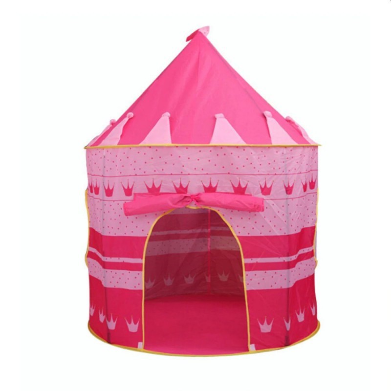 Cort de joaca tip castel, imprimeu buline si coronite, 105x135 cm, husa depozitare, roz