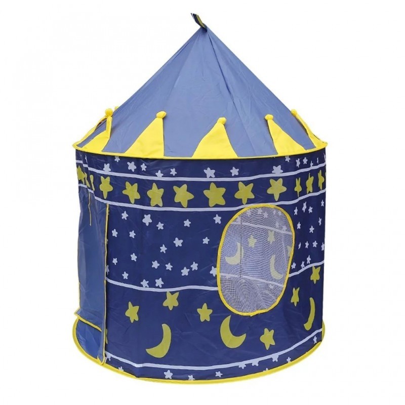 Cort tip castel pentru copii, imprimeu stele si luna, 135x105 cm, albastru