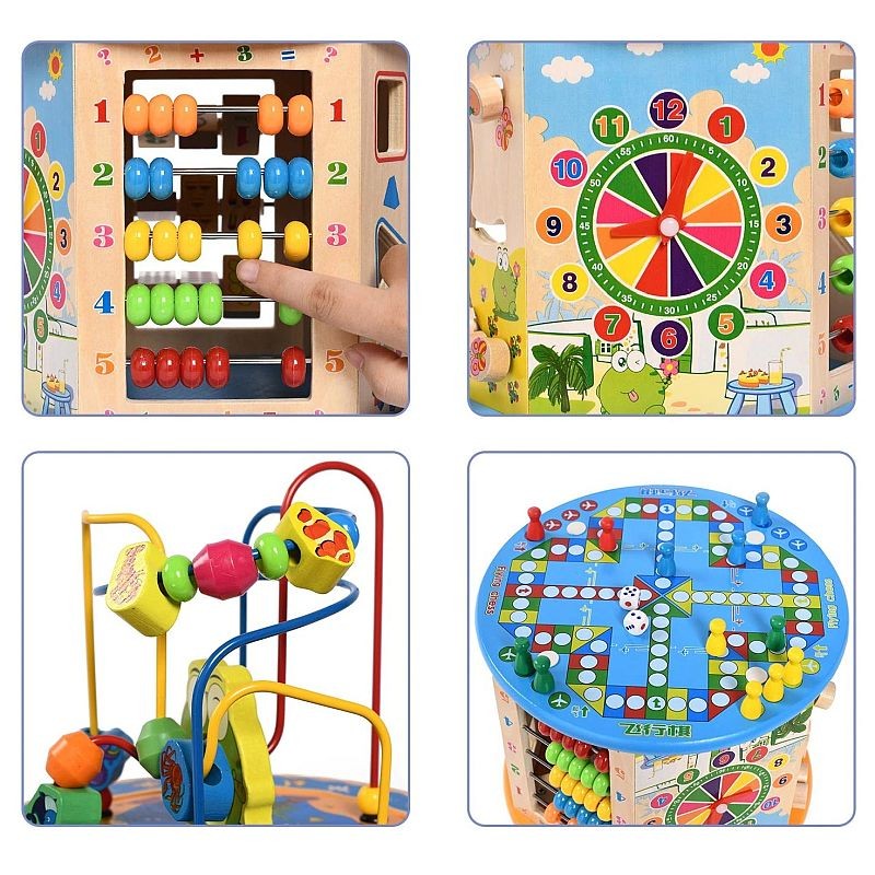 Cub activitati educative copii, 8 in 1, ceas, labirinturi, abac, forme geometrice, multicolor, lemn