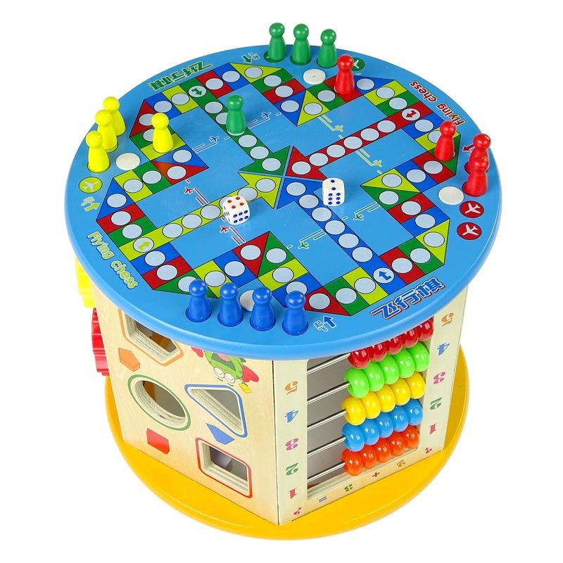 Cub activitati educative copii, 8 in 1, ceas, labirinturi, abac, forme geometrice, multicolor, lemn