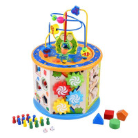 Cub activitati educative copii, 8 in 1, ceas, labirinturi, abac, forme geometrice, multicolor, lemn