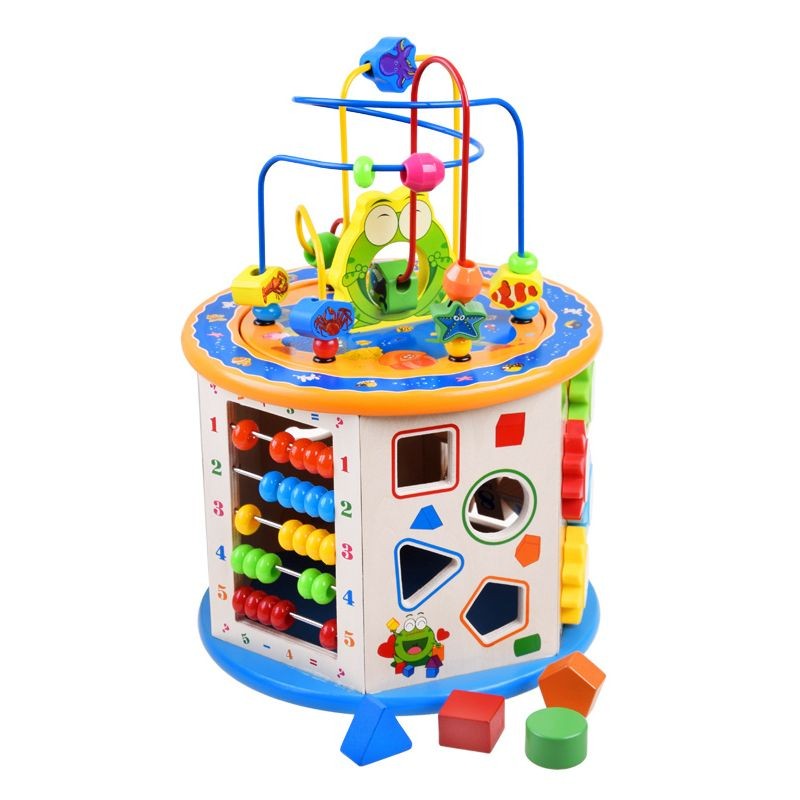 Cub activitati educative copii, 8 in 1, ceas, labirinturi, abac, forme geometrice, multicolor, lemn