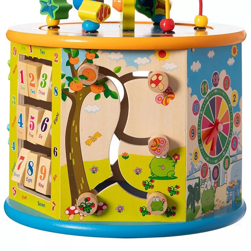 Cub activitati educative copii, 8 in 1, ceas, labirinturi, abac, forme geometrice, multicolor, lemn