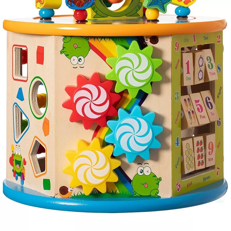Cub activitati educative copii, 8 in 1, ceas, labirinturi, abac, forme geometrice, multicolor, lemn