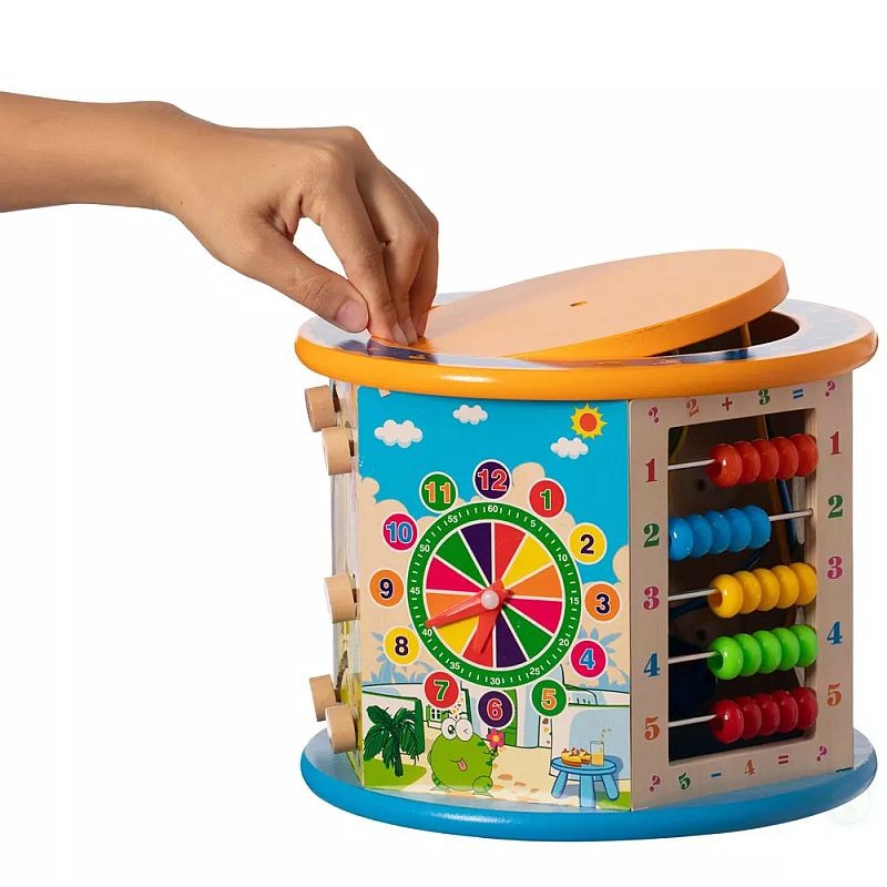 Cub activitati educative copii, 8 in 1, ceas, labirinturi, abac, forme geometrice, multicolor, lemn