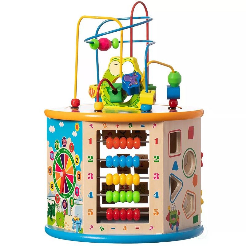 Cub activitati educative copii, 8 in 1, ceas, labirinturi, abac, forme geometrice, multicolor, lemn