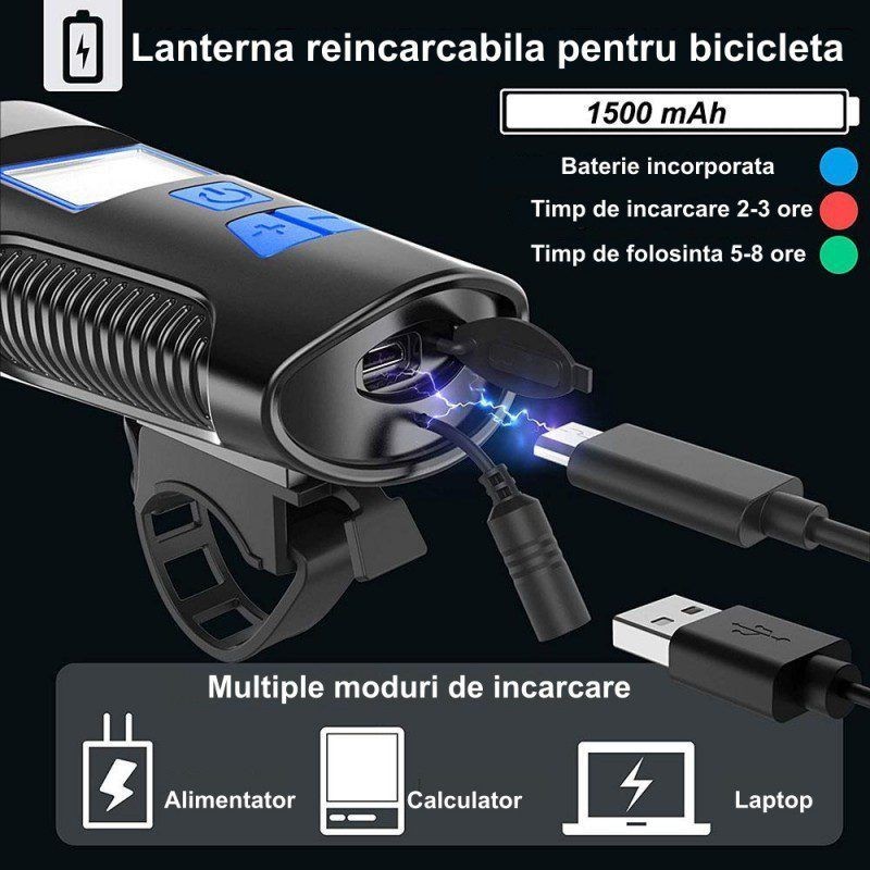 Set far si stop pentru bicicleta, lumina led, 4 moduri iluminare, microusb, ipx7,1500mah