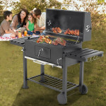 Gratar de gradina mobil, termometru si recipient cenusa, grill xxl cu 2 rafturi pliabile, 115x46x106 cm