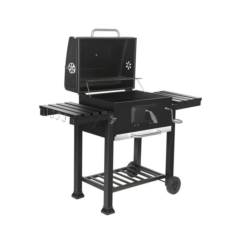 Gratar de gradina mobil, termometru si recipient cenusa, grill xxl cu 2 rafturi pliabile, 115x46x106 cm
