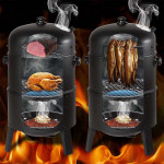 Gratar pe carbuni 3 in 1, capac cu termometru, 2 usi, 3 compartimente cu afumatoare/grill/gatire la abur, 40x40x80 cm