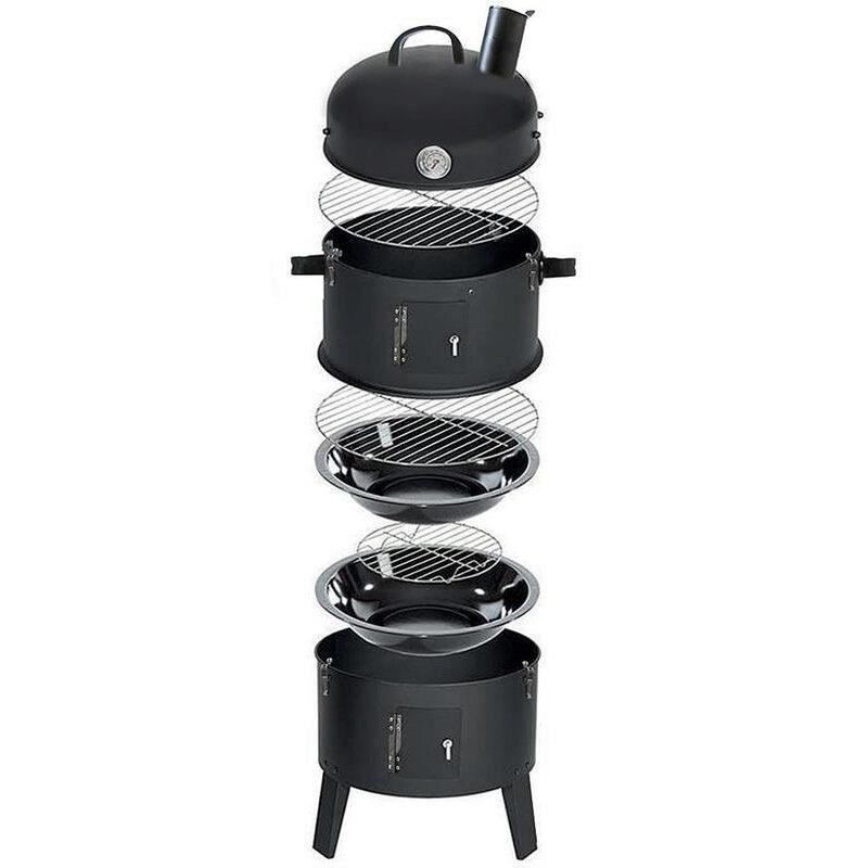 Gratar pe carbuni 3 in 1, capac cu termometru, 2 usi, 3 compartimente cu afumatoare/grill/gatire la abur, 40x40x80 cm