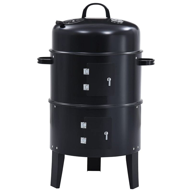 Gratar pe carbuni 3 in 1, capac cu termometru, 2 usi, 3 compartimente cu afumatoare/grill/gatire la abur, 40x40x80 cm