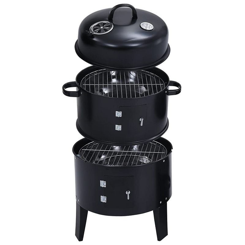 Gratar pe carbuni 3 in 1, capac cu termometru, 2 usi, 3 compartimente cu afumatoare/grill/gatire la abur, 40x40x80 cm