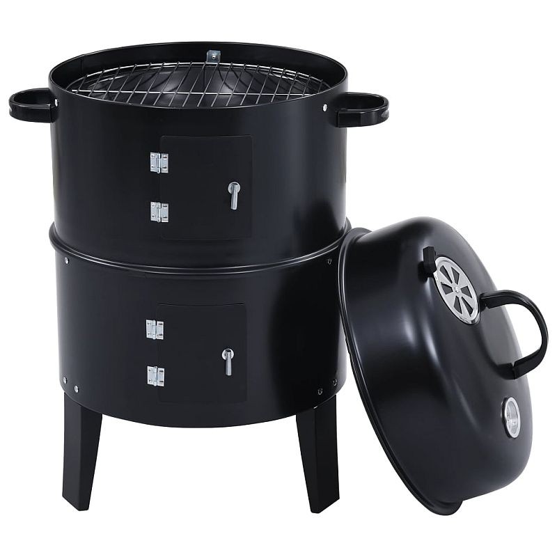 Gratar pe carbuni 3 in 1, capac cu termometru, 2 usi, 3 compartimente cu afumatoare/grill/gatire la abur, 40x40x80 cm
