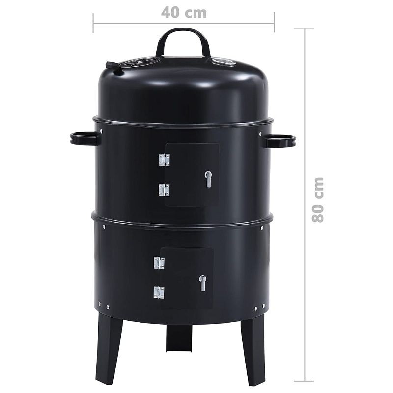 Gratar pe carbuni 3 in 1, capac cu termometru, 2 usi, 3 compartimente cu afumatoare/grill/gatire la abur, 40x40x80 cm