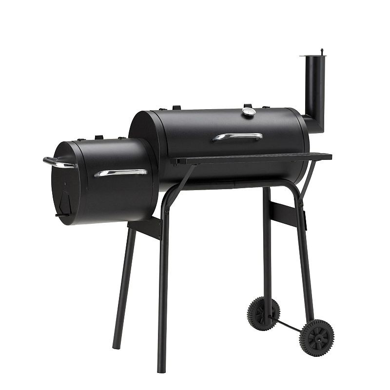 Gratar bbq pentru carbuni, 2 compartimente, grill si afumatoare, raft, horn, roti transport, termometru