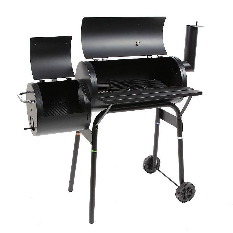 Gratar bbq pentru carbuni, 2 compartimente, grill si afumatoare, raft, horn, roti transport, termometru
