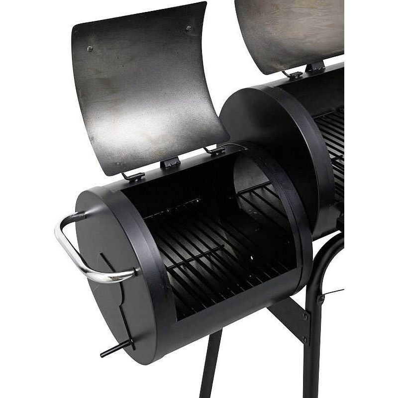 Gratar bbq pentru carbuni, 2 compartimente, grill si afumatoare, raft, horn, roti transport, termometru