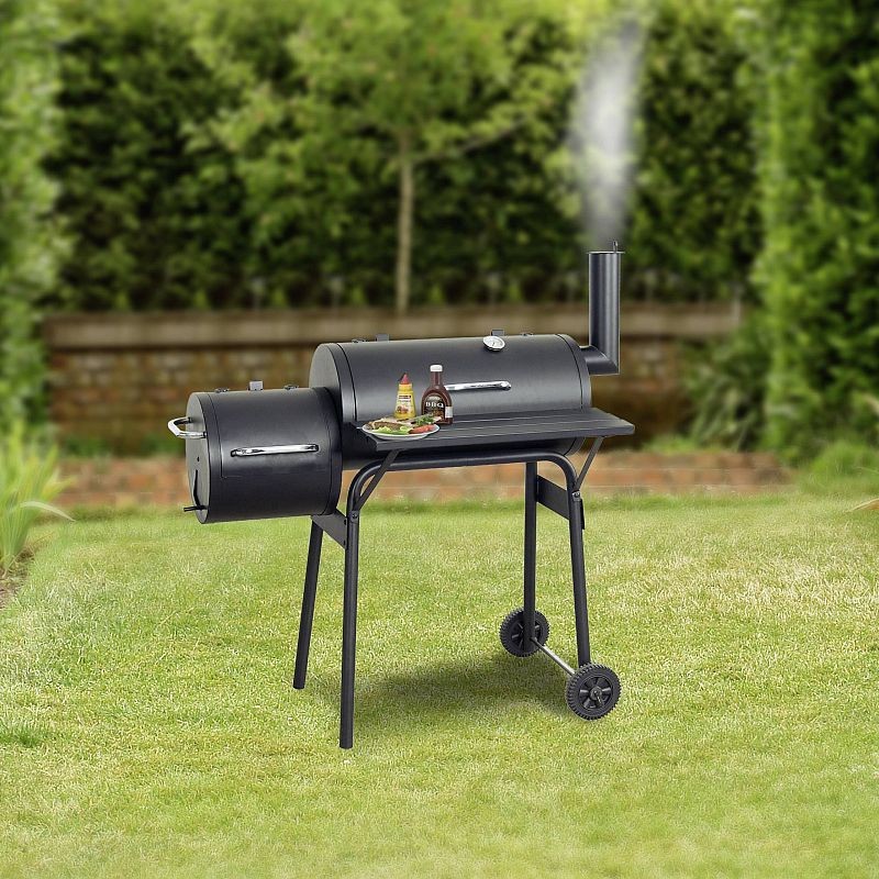 Gratar bbq pentru carbuni, 2 compartimente, grill si afumatoare, raft, horn, roti transport, termometru