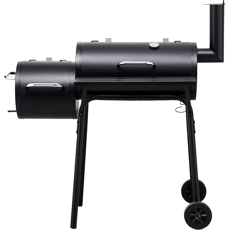 Gratar bbq pentru carbuni, 2 compartimente, grill si afumatoare, raft, horn, roti transport, termometru