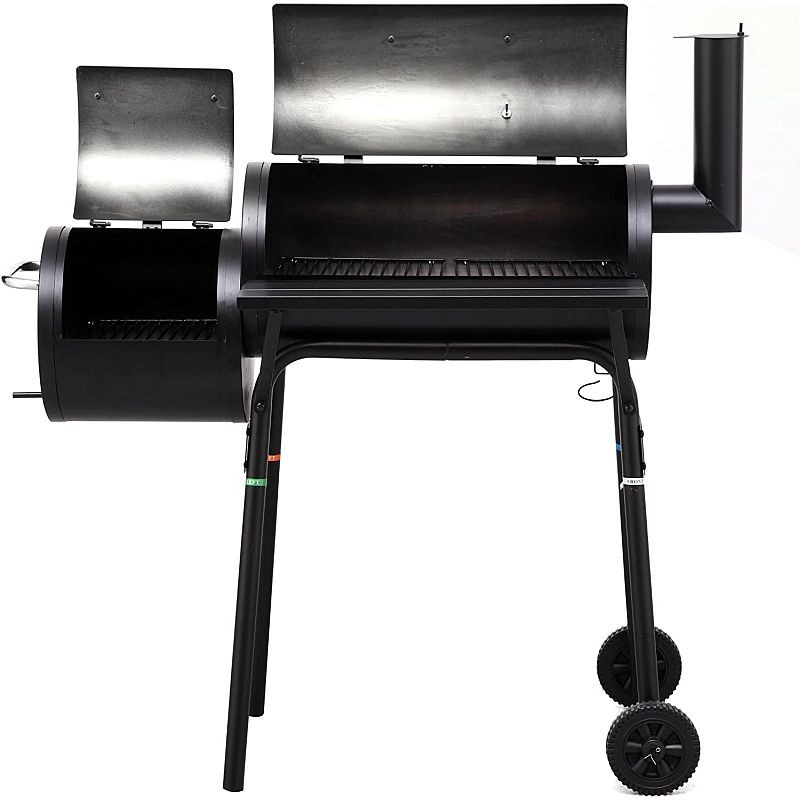 Gratar bbq pentru carbuni, 2 compartimente, grill si afumatoare, raft, horn, roti transport, termometru