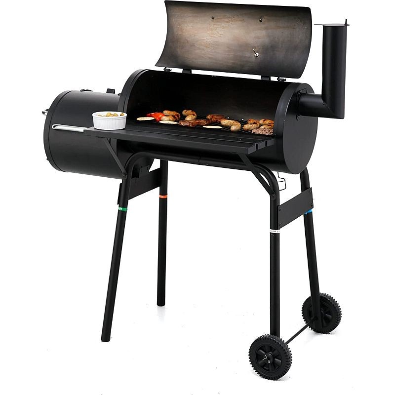 Gratar bbq pentru carbuni, 2 compartimente, grill si afumatoare, raft, horn, roti transport, termometru