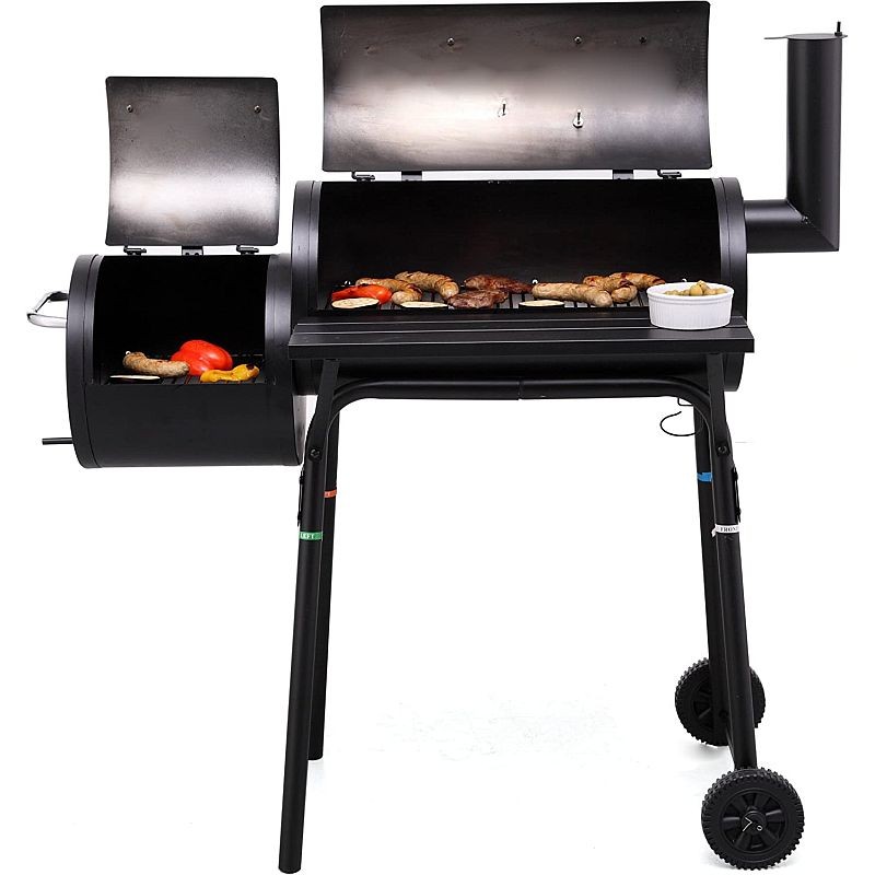 Gratar bbq pentru carbuni, 2 compartimente, grill si afumatoare, raft, horn, roti transport, termometru