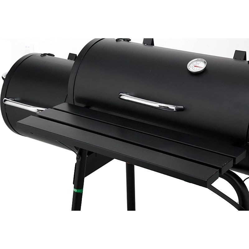Gratar bbq pentru carbuni, 2 compartimente, grill si afumatoare, raft, horn, roti transport, termometru