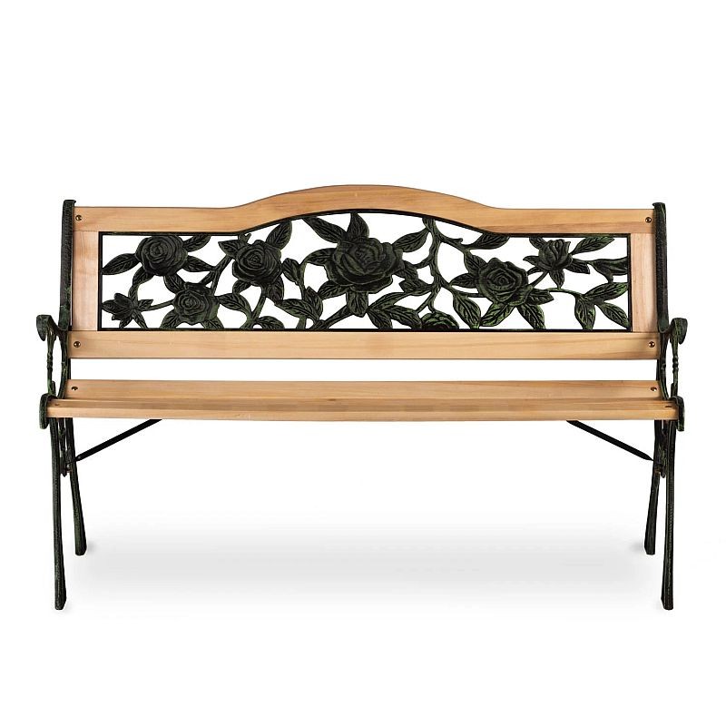 Banca gradina, sezut si spatar lemn, model floral, structura otel, 125x51x76 cm