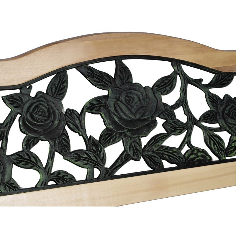 Banca gradina, sezut si spatar lemn, model floral, structura otel, 125x51x76 cm