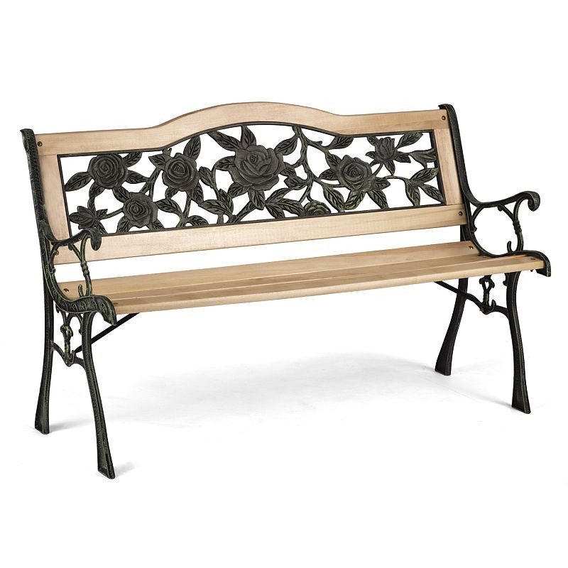Banca gradina, sezut si spatar lemn, model floral, structura otel, 125x51x76 cm