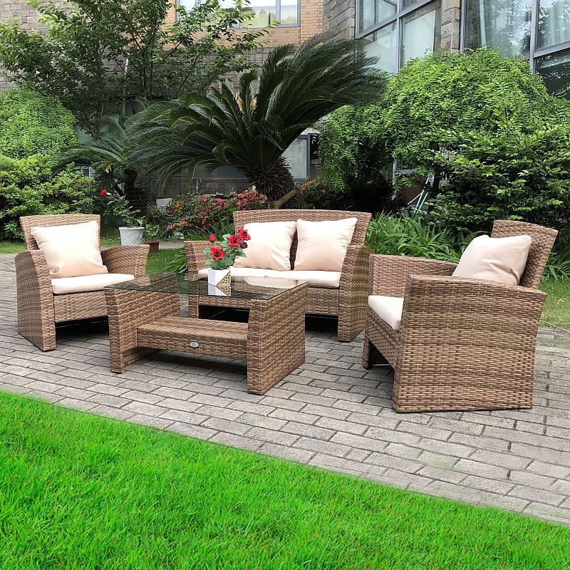 Set mobilier gradina santorini, 4 piese, fotolii, canapea, masuta de cafea, poliratan bej