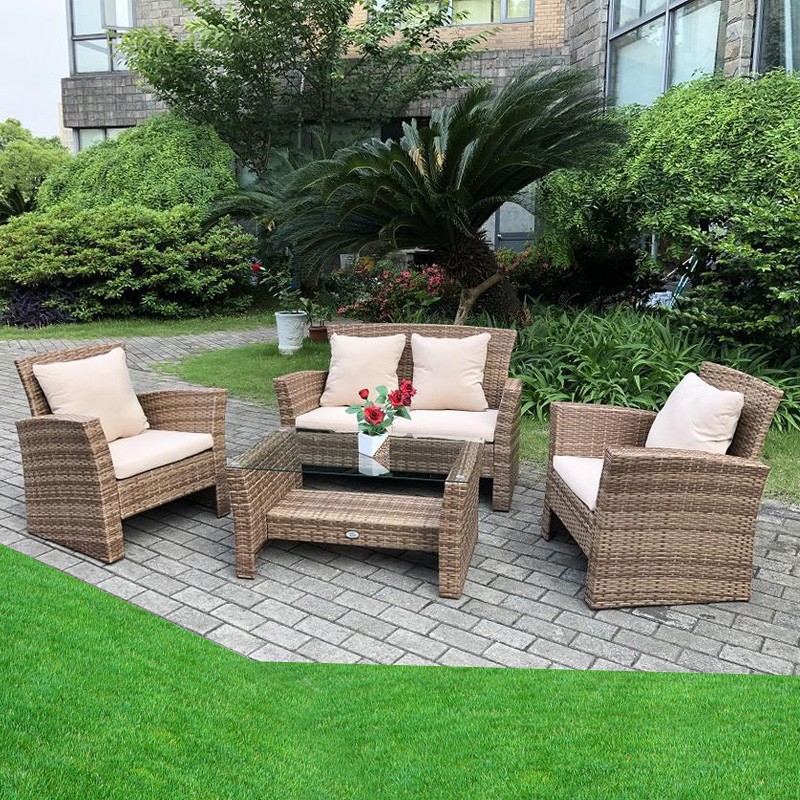 Set mobilier gradina santorini, 4 piese, fotolii, canapea, masuta de cafea, poliratan bej