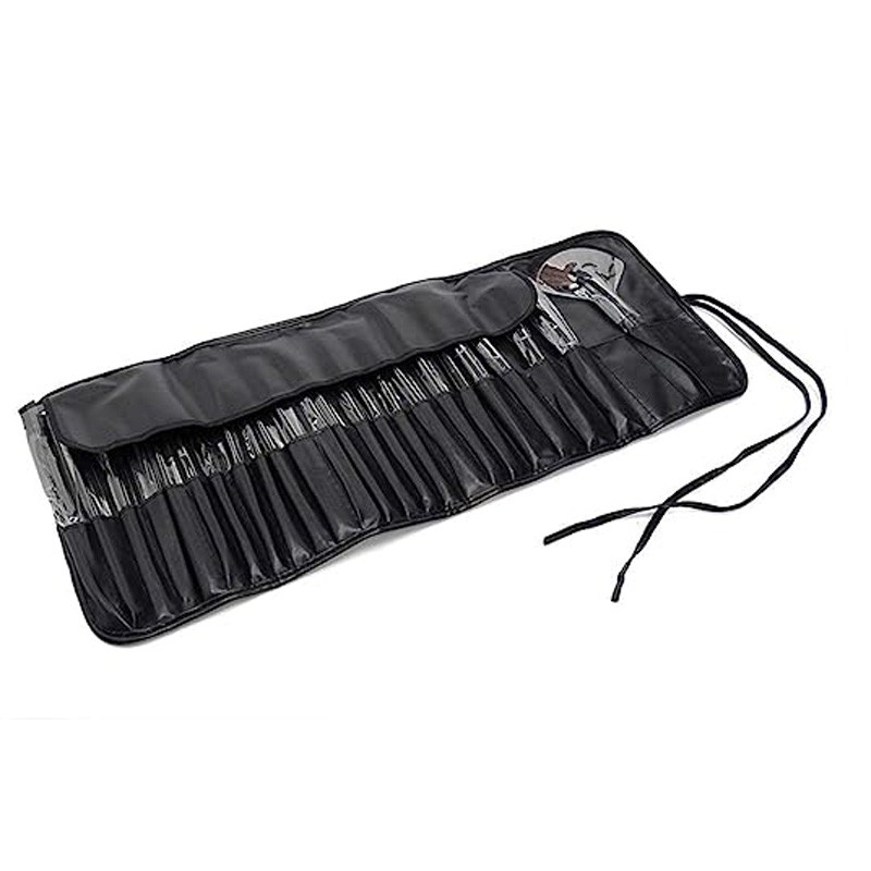 Set 24 pensule profesionale pentru make-up, par sintetic, husa piele ecologica, negru