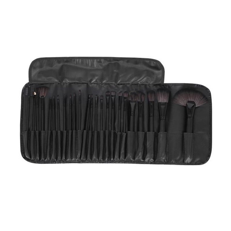 Set 24 pensule profesionale pentru make-up, par sintetic, husa piele ecologica, negru