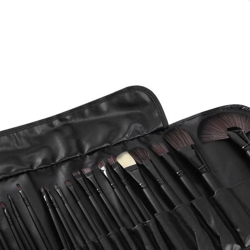Set 24 pensule profesionale pentru make-up, par sintetic, husa piele ecologica, negru
