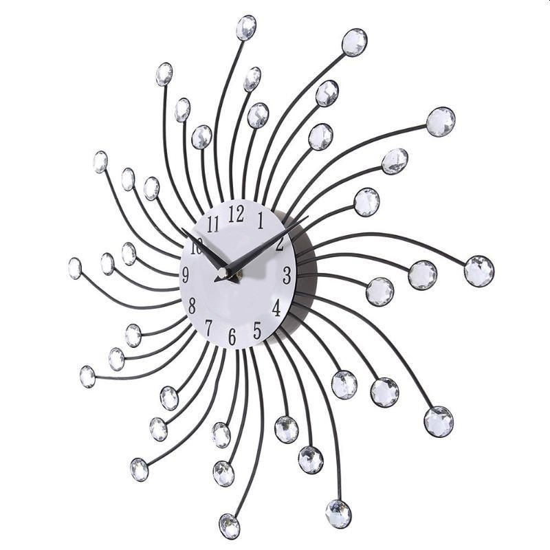 Ceas de perete cu cristale, 50 cm, mecanism quartz, cifre arabe, argintiu