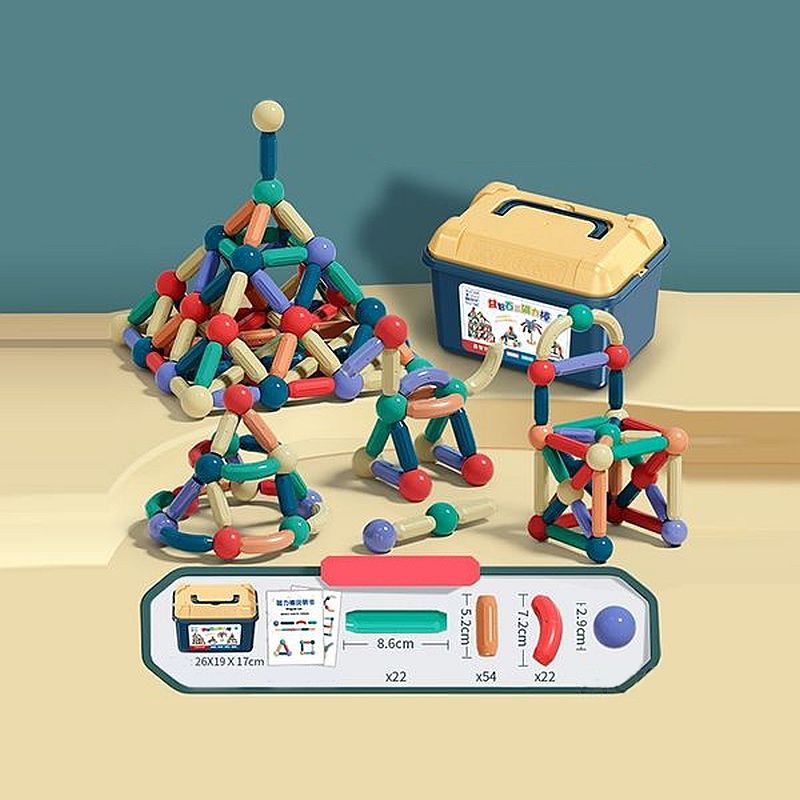 Set magnetic de constructie pentru copii, 136 piese multicolor, cutie depozitare, 2.9-8.6 cm