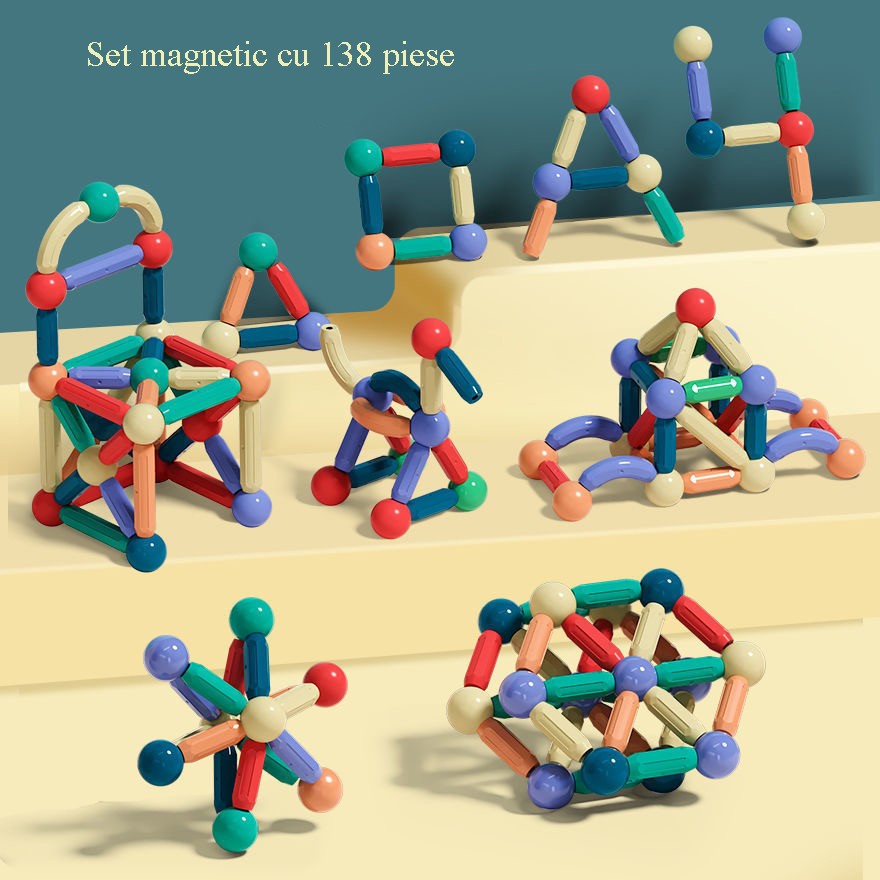 Set magnetic de constructie pentru copii, 136 piese multicolor, cutie depozitare, 2.9-8.6 cm