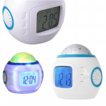 Ceas led desteptator, proiector stele, calendar, termometru, 10 melodii, alb