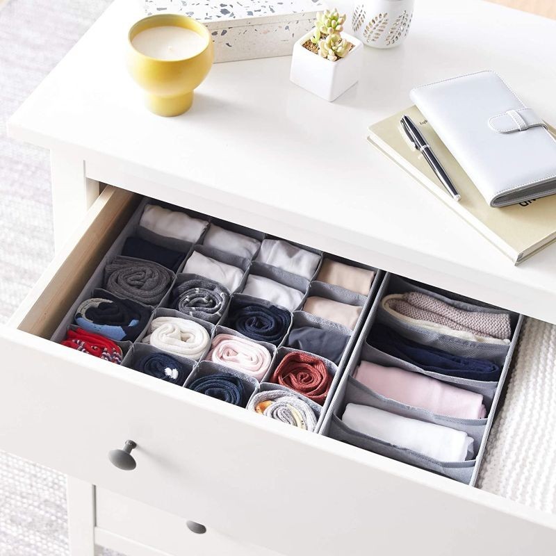 Organizator pliabil pentru sertar, 24 compartimente, 32.5 x 32.5 cm, textil, gri