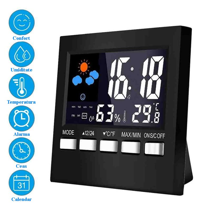 Ceas digital multifunctional de birou, control vocal, functie statie meteo, ecran lcd, calendar, alarma
