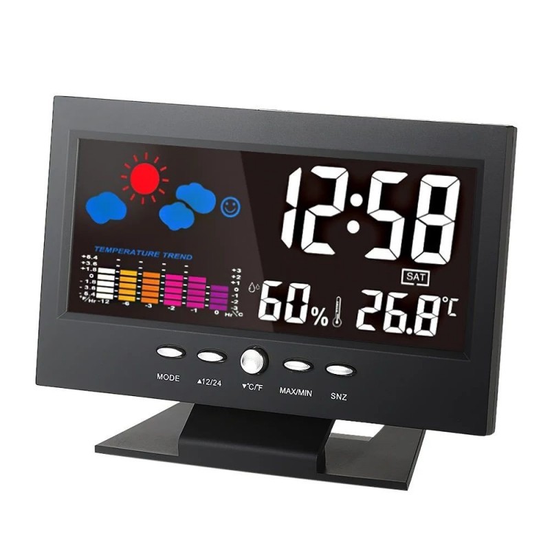 Ceas digital cu termometru si higrometru, control vocal, statie meteo, alarma, snooze, senzor de sunet, ecran lcd