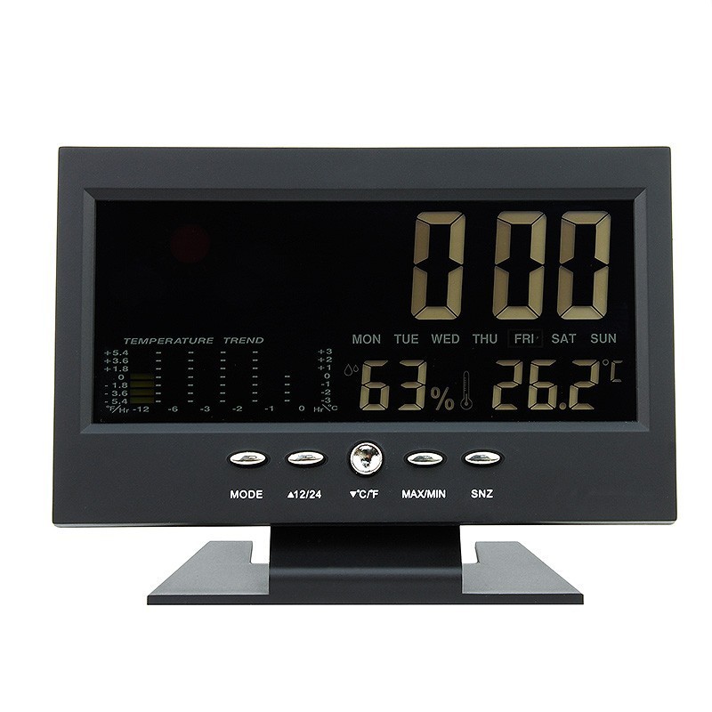Ceas digital cu termometru si higrometru, control vocal, statie meteo, alarma, snooze, senzor de sunet, ecran lcd