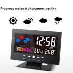 Ceas digital cu termometru si higrometru, control vocal, statie meteo, alarma, snooze, senzor de sunet, ecran lcd