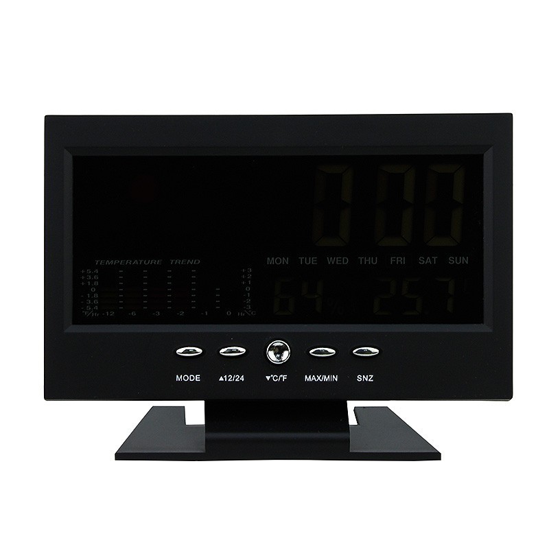 Ceas digital cu termometru si higrometru, control vocal, statie meteo, alarma, snooze, senzor de sunet, ecran lcd