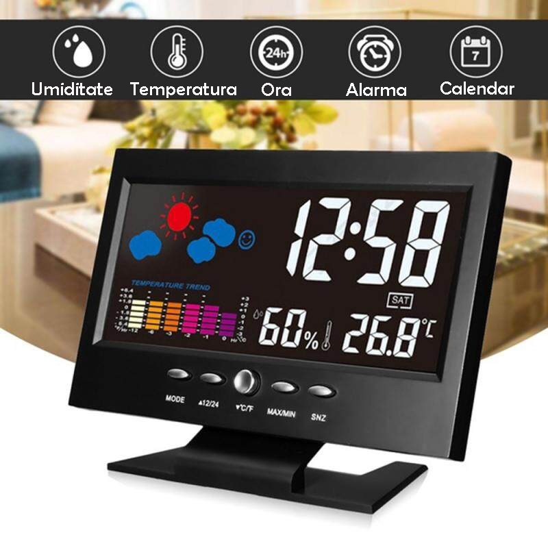 Ceas digital cu termometru si higrometru, control vocal, statie meteo, alarma, snooze, senzor de sunet, ecran lcd