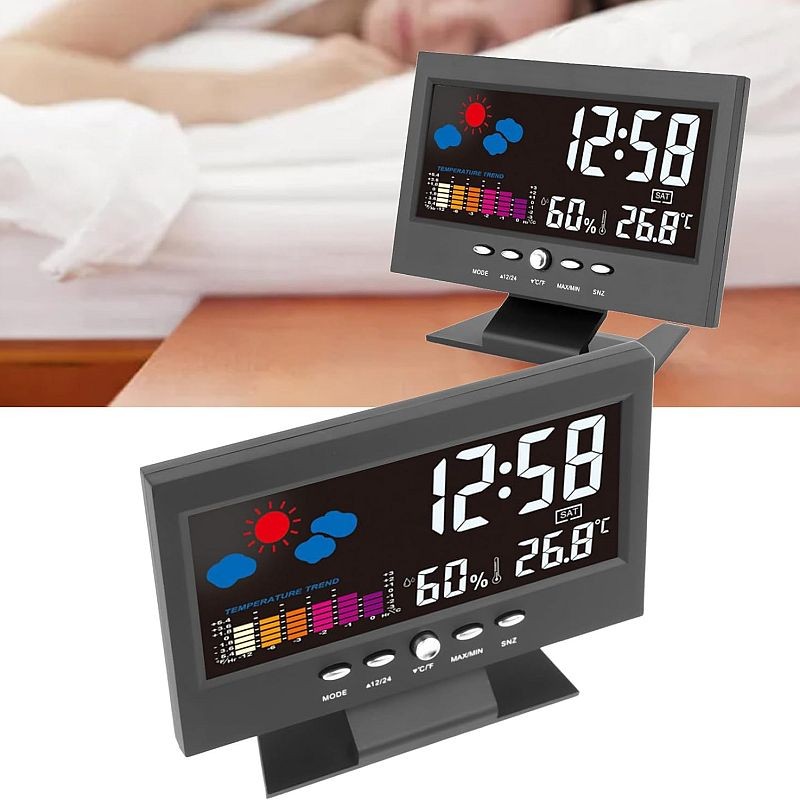Ceas digital cu termometru si higrometru, control vocal, statie meteo, alarma, snooze, senzor de sunet, ecran lcd